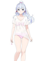 Rule 34 | 1girl, absurdres, alternate costume, ayaka (genshin impact), blue hair, blunt tresses, breasts, candy, chinese knot, clip studio paint (medium), closed mouth, clothes pull, collarbone, commentary, covered erect nipples, english commentary, food, genshin impact, hair ornament, hair ribbon, highres, holding, holding candy, holding food, holding lollipop, infra red44, light blue hair, lollipop, long hair, looking to the side, medium breasts, mole, mole under eye, panties, pink panties, pink ribbon, ponytail, print shirt, pulled by self, ribbon, see-through, see-through shirt, shirt, shirt pull, short sleeves, solo, t-shirt, tress ribbon, underwear, white background, white shirt