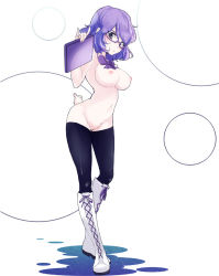Rule 34 | 1girl, black thighhighs, boots, breasts, chorimokki, cross-laced footwear, digimon, digimon world re:digitize, glasses, knee boots, lace-up boots, large breasts, mikagura mirei, nipples, nude, purple eyes, purple hair, pussy, solo, thighhighs, topless, uncensored