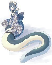 Rule 34 | 1girl, 4138, apron, eel, eel girl, female focus, fins, grey hair, head fins, japanese clothes, kimono, maid apron, maid headdress, mermaid, monster girl, original, simple background, sitting, solo, webbed hands, white background