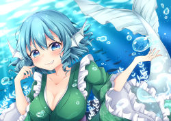Rule 34 | 1girl, air bubble, blue eyes, blue hair, breasts, bubble, cleavage, collarbone, commentary request, drill hair, drill sidelocks, fins, fish, floral print, frilled kimono, frilled sleeves, frills, green kimono, grin, hair between eyes, hands up, head fins, highres, japanese clothes, kimono, large breasts, long sleeves, looking at viewer, mermaid, miy@, monster girl, short hair, sidelocks, smile, solo, touhou, underwater, wakasagihime, wide sleeves
