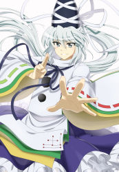 Rule 34 | 1girl, absurdres, blue skirt, breasts, commentary request, cowboy shot, frilled skirt, frills, grey eyes, grey hair, grin, hat, highres, japanese clothes, kariginu, kin-kun, long hair, long sleeves, mononobe no futo, pom pom (clothes), ponytail, ribbon-trimmed sleeves, ribbon trim, skirt, small breasts, smile, tate eboshi, touhou, v-shaped eyebrows, very long hair, wide sleeves