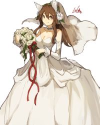 Rule 34 | 1girl, animal ears, artist name, bare shoulders, blush, bouquet, bridal veil, bride, brown hair, choker, closed mouth, commentary, detached sleeves, dress, flower, hair between eyes, hair flower, hair ornament, holding, holding bouquet, lansane, long hair, looking at viewer, original, red ribbon, ribbon, rose, sidelocks, signature, simple background, smile, solo, standing, strapless, strapless dress, tsana (lansane), veil, wedding dress, white background, white rose, wolf ears, yellow eyes