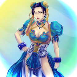 Rule 34 | 1girl, adapted costume, alternate costume, b madrid, bare legs, black hair, bracelet, breasts, brown eyes, bun cover, capcom, chun-li, cleavage, cleavage cutout, clothing cutout, contrapposto, corset, double bun, hair ribbon, hand on own hip, highres, jewelry, lips, lipstick, loincloth, makeup, necklace, pelvic curtain, puffy short sleeves, puffy sleeves, ribbon, short hair, short sleeves, showgirl skirt, solo, spiked bracelet, spikes, standing, street fighter