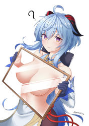 Rule 34 | 1girl, ?, ahoge, akira (sayo dayoo), artist name, bare shoulders, bell, black gloves, blue gloves, blue hair, blush, bodystocking, bodysuit, bow, breasts, censored nipples, closed eyes, closed mouth, commentary request, convenient censoring, detached sleeves, fluttering heart illusion, ganyu (genshin impact), genshin impact, gloves, goat horns, gold trim, highres, holding, horns, large breasts, light censor, long hair, long sleeves, looking at viewer, neck bell, purple eyes, sidelocks, simple background, solo, sweat, tassel, topless, twitter username, vision (genshin impact), white background, white sleeves