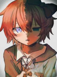 Rule 34 | 1girl, asphyxiation, black jacket, blue eyes, blush, bow, breast pocket, collarbone, collared shirt, commentary, death, doki doki literature club, dress shirt, embarrassed, empty eyes, hair between eyes, hair bow, hanged, highres, jacket, looking at viewer, lower teeth only, neck ribbon, noose, orange vest, parted lips, pink hair, pocket, pov, pov hands, red bow, ribbon, rope, rope around neck, sayori (doki doki literature club), school uniform, shirt, short hair, simple background, solo focus, split theme, spoilers, spoken animal, suicide, suuno kamibukuro, teeth, variant set, vest, vignetting, white background, white shirt