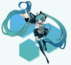 Rule 34 | 1girl, aqua eyes, aqua hair, arm up, blue skirt, boots, commentary, detached sleeves, from above, full body, grey shirt, hatsune miku, long hair, necktie, open mouth, parasiticbun, pleated skirt, shirt, simple background, skirt, sleeveless, sleeveless shirt, smile, solo, standing, standing on one leg, symbol-only commentary, teeth, thigh boots, thighhighs, twintails, twitter username, very long hair, vocaloid, zettai ryouiki