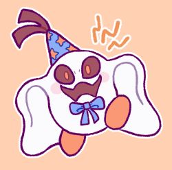Rule 34 | bed sheet, black eyes, blue ribbon, blush, doopliss, ghost, happy, hat, kcdoos, mario (series), nintendo, open mouth, orange background, orange footwear, paper mario, paper mario: the thousand year door, party hat, red pupils, ribbon, shoes, simple background, smile, solo, spirit, star (symbol), walking