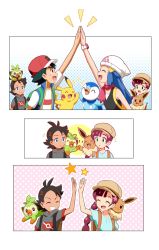 Rule 34 | 2boys, 2girls, arm up, ash ketchum, bare arms, baseball cap, black hair, blue dress, blue eyes, blue jacket, blue shirt, blush, brown headwear, bubble, chloe (pokemon), clenched hands, commentary request, creatures (company), crescent, crescent hair ornament, dawn (pokemon), dress, eevee, eyelashes, game freak, gen 1 pokemon, gen 4 pokemon, gen 8 pokemon, gloves, goh (pokemon), green eyes, grey shirt, grookey, hair ornament, haruhi (xy161027z), hat, high five, highres, holding hands, jacket, long hair, multiple boys, multiple girls, nintendo, open mouth, pikachu, piplup, pokemon, pokemon (anime), pokemon (creature), pokemon journeys, pokemon swsh075, red headwear, shirt, smile, sparkle, steepled fingers, t-shirt, teeth, tongue, upper teeth only, white shirt