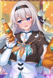 Rule 34 | 1girl, black hairband, blush, bottle, breasts, embarrassed, firefly (honkai: star rail), flying sweatdrops, grey hair, hair ribbon, hairband, highres, holding, holding bottle, honkai: star rail, honkai (series), long hair, looking at viewer, medium breasts, nose blush, open mouth, pink eyes, purple eyes, ribbon, shiinyan, solo, tagme, translation request, upper body