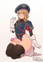 Rule 34 | 1boy, artist name, belka dog, blonde hair, blue eyes, blue hat, blush, boots, commentary, english commentary, erection, eyes visible through hair, gloves, grey background, hat, kneeling, leotard, link, looking at viewer, male focus, nintendo, penis, pointy ears, royal guard set (zelda), shadow, simple background, smile, solo, testicles, the legend of zelda, the legend of zelda: breath of the wild, thick thighs, thighhighs, thighs, trap, uncensored, watermark, white gloves