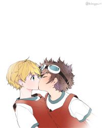 Rule 34 | 2boys, basketball uniform, bishounen, blonde hair, blue eyes, brown hair, character request, closed eyes, commentary request, couple, digimon, eye contact, french kiss, goggles, goggles on head, highres, indoors, kim gyuri, kiss, looking at another, motomiya daisuke, multiple boys, simple background, sportswear, surprised, takaishi takeru, upper body, white background, yaoi