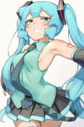 Rule 34 | 1girl, abmayo, absurdres, bare shoulders, black skirt, black sleeves, blue eyes, breasts, commentary request, detached sleeves, green hair, grey shirt, grin, hair ornament, hatsune miku, highres, long hair, looking at viewer, medium breasts, necktie, number tattoo, pleated skirt, shirt, shoulder tattoo, skirt, sleeveless, sleeveless shirt, smile, solo, tattoo, twintails, vocaloid