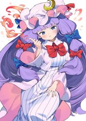 Rule 34 | 1girl, :&lt;, blue bow, blue ribbon, blunt bangs, blush, bow, bowtie, breasts, capelet, closed mouth, collar, crescent, crescent hat ornament, dress, eyelashes, feet out of frame, fingernails, fire, frilled collar, frills, hair bow, hair ribbon, hand on own thigh, hand on thigh, hat, hat bow, hat ornament, highres, index finger raised, iroyopon, large breasts, long hair, looking at viewer, magic, patchouli knowledge, pink capelet, pink hat, purple eyes, purple hair, pyrokinesis, red bow, red bowtie, red ribbon, ribbon, sidelocks, simple background, solo, striped clothes, striped dress, touhou, tress ribbon, vertical-striped clothes, vertical-striped dress, very long hair, white background