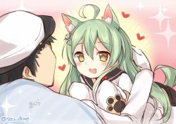 Rule 34 | 1boy, 1girl, ahoge, akashi (azur lane), animal ear fluff, animal ears, arm up, azur lane, cat ears, commander (azur lane), dress, eye contact, face-to-face, gloves, green hair, hat, long hair, looking at another, lying, lying on person, on stomach, open mouth, headpat, shirt, sleeves past wrists, smile, sou (soutennkouchi), white dress, white gloves, white headwear, white shirt, yellow eyes