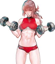 Rule 34 | 1girl, blush, braid, breasts, buruma, cowboy shot, dumbbell, exercising, fate/grand order, fate (series), fingerless gloves, florence nightingale (fate), gloves, gluteal fold, highres, holding, large breasts, long hair, midriff, muscular, muscular female, navel, open mouth, pink hair, single braid, solo, sports bra, sportswear, sweat, weightlifting, weights, yamanaka kotetsu