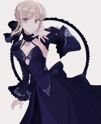 Rule 34 | 1girl, artist name, artoria pendragon (all), artoria pendragon (fate), blonde hair, blue dress, braid, breasts, commentary request, detached sleeves, dress, fate/stay night, fate (series), frilled sleeves, frills, hair ribbon, meloettta, ribbon, saber alter, short hair, simple background, small breasts, solo, white background, wide sleeves, yellow eyes