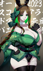 Rule 34 | 1girl, absurdres, black gloves, black leotard, black lips, black thighhighs, breasts, brown hair, colored inner hair, doll joints, eyeshadow, gloves, green eyes, green hair, highres, japanese clothes, joints, kimono, large breasts, leotard, leotard under clothes, lipstick, long hair, looking at viewer, makeup, multicolored hair, negresco, phara suyuf, senki zesshou symphogear, shiny skin, solo, standing, thighhighs, thighs, two-tone hair