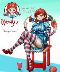 Rule 34 | 1girl, blue dress, blue ribbon, braid, breasts, brooch, caropapa, chair, cleavage, cleavage cutout, closed mouth, clothing cutout, crossed legs, cup, disposable cup, dress, english text, engrish text, food, freckles, french fries, full body, hair ribbon, highres, holding, holding food, jewelry, layered sleeves, legs, logo, long hair, long sleeves, looking at viewer, mary janes, mcdonald&#039;s, medium breasts, panties, pantyshot, ranguage, red eyes, red footwear, red hair, red panties, red shirt, red thighhighs, ribbon, sharp teeth, shirt, shoes, short dress, short over long sleeves, short sleeves, sigh, sitting, smirk, solo, striped clothes, striped dress, striped panties, striped shirt, striped thighhighs, swept bangs, teeth, thighhighs, twin braids, twintails, underwear, vertical-striped clothes, vertical-striped dress, wendy&#039;s, wendy (wendy&#039;s)