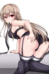 Rule 34 | 1girl, absurdres, ass, bare arms, bare shoulders, bent over, black bra, black thighhighs, blush, bra, breasts, brown hair, commentary request, from behind, furen e lustario, garter straps, hand on own ass, highres, kirikan (cokekiri), kneeling, large breasts, lingerie, long hair, looking at viewer, mouth hold, nijisanji, no shoes, red eyes, ribbon, small hands, solo, thighhighs, underwear, very long hair, virtual youtuber