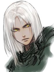 Rule 34 | 1boy, armor, black armor, copyright request, eyes visible through hair, hair between eyes, highres, long hair, male focus, nakamura tatsunori, parted lips, portrait, simple background, sketch, solo, white background, white hair, yellow eyes
