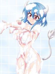 Rule 34 | 1girl, blue hair, blush, breasts, closed mouth, commission, convenient censoring, cow horns, cow tail, horns, jashin-chan dropkick, large breasts, looking at viewer, minos (jashin-chan dropkick), navel, red eyes, shiny skin, short hair, showering, skeb commission, smile, soap bubbles, soap censor, solo, tail, zetsumu