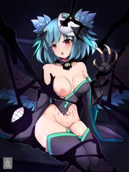 Rule 34 | 1girl, alternate costume, black feathers, black thighhighs, black wings, blue hair, blush, claws, commentary, feathers, harpy, heart, heart tattoo, indie virtual youtuber, kedamaton, lincoro, mask, mask on head, monster girl, nipples, one breast out, open mouth, red eyes, short twintails, solo, stomach tattoo, tattoo, thighhighs, torn clothes, twintails, virtual youtuber, wide sleeves, wings