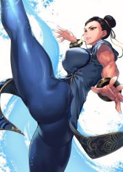 Rule 34 | 1girl, ass, black hair, blue pantyhose, breasts, brown eyes, capcom, china dress, chinese clothes, chun-li, double bun, dress, from behind, hair bun, highres, huge ass, kicking, large breasts, leggings, mikel (4hands), pantyhose, parted lips, pelvic curtain, shiny clothes, shiny skin, short hair, sideboob, simple background, solo, street fighter, street fighter 6, thighs, white background
