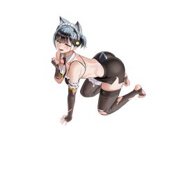 Rule 34 | 1girl, all fours, anchor hair ornament, animal ear fluff, animal ears, ass, bikini, black bikini, black hair, black necktie, black skirt, blush, breasts, brown gloves, brown thighhighs, collar, defeat, detached collar, dog ears, dog girl, dog tail, elbow gloves, fang, fingerless gloves, frilled bikini, frilled gloves, frilled thighhighs, frills, full body, game cg, gloves, hair ornament, hand on ground, highres, injury, last origin, looking at viewer, looking up, maid, maid bikini, maid headdress, median furrow, medium breasts, miniskirt, multicolored necktie, necktie, o-ring, o-ring top, official alternate costume, official art, open mouth, pencil skirt, short hair, short necktie, short twintails, side slit, simple background, skindentation, skirt, slit pupils, solo, swimsuit, tachi-e, taesi, tail, tearing up, thick eyebrows, thighhighs, third-party source, tongue, torn clothes, torn gloves, torn thighhighs, transparent background, twintails, unconventional maid, vargr (last origin), white collar, white necktie, yellow eyes, yellow necktie