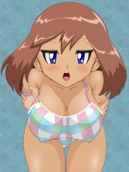 Rule 34 | bad anatomy, bikini, blue eyes, blush, breasts, brown hair, cleavage, creatures (company), covered erect nipples, fat mons, game freak, large breasts, lupus, may (pokemon), naughty face, nintendo, pokemon, swimsuit, undressing