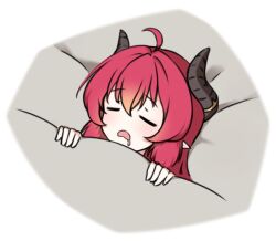 Rule 34 | 1girl, = =, ahoge, blanket, blue archive, closed eyes, drooling, horns, hr.r, junko (blue archive), mouth drool, open mouth, pointy ears, red hair, sidelocks, sleeping, solo, under covers