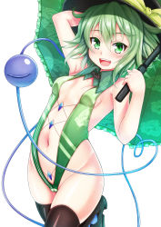 Rule 34 | 1girl, arm up, black thighhighs, blush, bow, breasts, clothing cutout, ebi 193, floral print, green eyes, green hair, hat, hat bow, komeiji koishi, leotard, looking at viewer, matching hair/eyes, navel, navel cutout, open mouth, parasol, race queen, small breasts, smile, solo, thighhighs, third eye, touhou, umbrella
