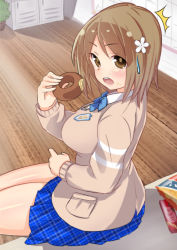 Rule 34 | 10s, 1girl, blush, breasts, brown eyes, brown hair, colorized, doughnut, eating, flower, food, food bite, food on face, hair flower, hair ornament, idolmaster, idolmaster cinderella girls, large breasts, looking at viewer, mimura kanako, open mouth, osasimi (overloadetna), overloadetna, plaid, plaid skirt, pleated skirt, school uniform, sitting, skirt, solo, ^^^, sweatdrop