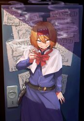 Rule 34 | 1girl, alice margatroid, belt, black belt, black eyes, blonde hair, blue dress, bow, bowtie, buttons, capelet, cigarette, collared capelet, commentary request, constricted pupils, cookie (touhou), cowboy shot, door, dress, fingernails, flat chest, frilled hairband, frills, grin, gun, hair between eyes, hairband, handgun, highres, holding, holding cigarette, holstered, jewelry, long bangs, long sleeves, looking at viewer, odoro (nicoseiga81184094), poster (object), red bow, red bowtie, red hairband, ring, short hair, smile, smoke, solo, taisa (cookie), touhou, wanted, weapon, white capelet