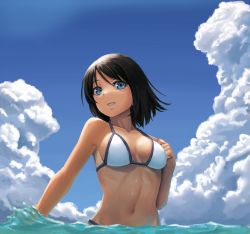 Rule 34 | 1girl, bare arms, bare shoulders, bikini, black hair, blue eyes, blue sky, breasts, cleavage, collarbone, commentary request, day, floating hair, grin, hair between eyes, hand up, highres, looking at viewer, medium breasts, navel, ocean, original, outdoors, partially submerged, ranma (kamenrideroz), short hair, sky, smile, solo, stomach, summer, swimsuit, upper body, wet, white bikini, wind