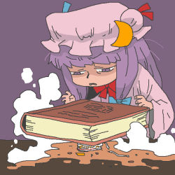 Rule 34 | 1girl, book, crescent, crushing, failure, hat, long hair, nissin cup noodle, onikobe rin, patchouli knowledge, purple eyes, purple hair, ribbon, solo, touhou, you&#039;re doing it wrong