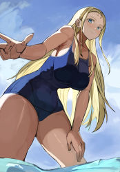 Rule 34 | 1girl, absurdres, bad id, bad pixiv id, blonde hair, blue eyes, blue one-piece swimsuit, cloud, hand on own thigh, highres, kofune ushio, looking at viewer, mizuiro sanshou, one-piece swimsuit, outdoors, school swimsuit, sky, solo, summertime render, swimsuit, water