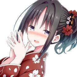 Rule 34 | 1girl, black hair, blush, character request, chouhakai!! barbarossa, dutch angle, fingernails, floral print, flower, givuchoko, hair flower, hair intakes, hair ornament, hands up, japanese clothes, kimono, long sleeves, looking at viewer, nose blush, open mouth, print kimono, purple eyes, red flower, red kimono, sidelocks, simple background, smile, solo, upper body, white background, wide sleeves