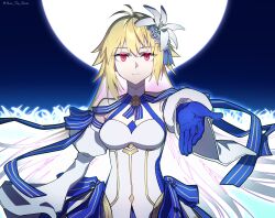 Rule 34 | 1girl, archetype earth, arcueid brunestud, bare shoulders, blonde hair, blue gloves, blush, breasts, cleavage, detached sleeves, dress, fate/grand order, fate (series), flower, full moon, gloves, hair flower, hair ornament, highres, house tag denim, large breasts, long hair, looking at viewer, moon, night, night sky, outstretched arm, red eyes, sky, smile, solo, tsukihime, very long hair, white dress