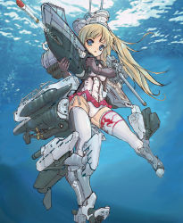 Rule 34 | 1girl, cannon, kriegsmarine, mecha musume, military, original, personification, print thighhighs, solo, soukaa (golden sash), submarine, swimsuit, swimsuit under clothes, thighhighs, torpedo, type vii, underwater, watercraft, world war ii