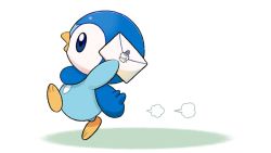 Rule 34 | blue eyes, character print, commentary request, creatures (company), envelope, from side, game freak, gen 4 pokemon, gen 5 pokemon, holding, holding envelope, litwick, nintendo, no humans, official art, open mouth, piplup, pokemon, pokemon (creature), project pochama, solo, toes, white background