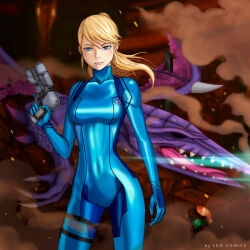 1girl arm_at_side artist_name blonde_hair blood blood_on_face blue_bodysuit blue_eyes bodysuit breasts bruise clenched_hand closed_eyes collarbone covered_navel dragon energy_sword eyelashes facing_viewer female_focus floating_hair groin hair_between_eyes hand_up helmet high_ponytail highres holster injury large_breasts legs leo.comics long_hair looking_at_viewer metroid metroid:_other_m neck nintendo open_mouth paralyzer parted_lips ponytail print_bodysuit ridley samus_aran science_fiction serious sharp_teeth sidelocks skin_tight smoke standing swept_bangs sword teeth thigh_holster thighs trigger_discipline turtleneck turtleneck_bodysuit unworn_headwear unworn_helmet weapon zero_suit