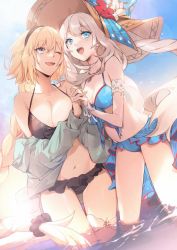 Rule 34 | 2girls, bare shoulders, bikini, black bikini, blonde hair, blue bikini, blue eyes, blue jacket, blush, braid, braided ponytail, breasts, cleavage, collarbone, fate/grand order, fate (series), hairband, hat, hood, hooded jacket, jacket, jeanne d&#039;arc (fate), jeanne d&#039;arc (ruler) (fate), jeanne d&#039;arc (swimsuit archer) (fate), jeanne d&#039;arc (swimsuit archer) (first ascension) (fate), jewelry, large breasts, long hair, long sleeves, looking at viewer, marie antoinette (fate), marie antoinette (fate/grand order), marie antoinette (swimsuit caster) (fate), marie antoinette (swimsuit caster) (third ascension) (fate), medium breasts, multiple girls, necklace, no-kan, ocean, off shoulder, one eye closed, open mouth, sidelocks, silver hair, smile, sun hat, swimsuit, thighs, twintails, very long hair, wading