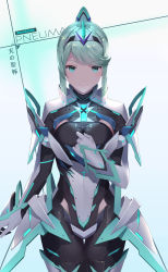 Rule 34 | &gt;:), 1girl, absurdres, aqua background, aqua eyes, aqua hair, arm at side, armor, blush, bodysuit, breasts, character name, closed mouth, clothes writing, commentary request, copyright name, cowboy shot, cross, evan (pixiv7510743), faulds, gauntlets, gem, gradient background, hairband, hand on own chest, highres, large breasts, long hair, md5 mismatch, pneuma (xenoblade), ponytail, shoulder armor, sidelocks, skin tight, smile, solo, spoilers, swept bangs, thigh gap, tiara, translation request, v-shaped eyebrows, white hairband, wrist guards, xenoblade chronicles (series), xenoblade chronicles 2