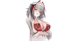 Rule 34 | + +, 1girl, ahoge, arknights, bikini, black choker, breasts, choker, cleavage, cropped torso, demon horns, female focus, fuying sanbing, grey hair, grey shirt, hand on own chest, highres, horns, jpeg artifacts, large breasts, looking at viewer, nail polish, o-ring, o-ring choker, open clothes, open mouth, open shirt, red bikini, red eyes, red nails, shirt, short hair, simple background, solo, swimsuit, upper body, w (arknights), white background