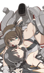 Rule 34 | 10s, 2girls, black hair, blush, breast press, breasts, brown hair, cleavage, elbow gloves, fingerless gloves, gloves, green eyes, kantai collection, large breasts, long hair, md5 mismatch, multiple girls, mutsu (kancolle), nagato (kancolle), ningen (ningen96), personification, red eyes, red legwear, resolution mismatch, short hair, smile, source smaller, symmetrical docking, thighhighs, yuri