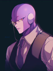 Rule 34 | 1boy, bald, black background, black vest, closed mouth, collared shirt, colored skin, dragon ball, dragon ball super, formal, glint, grey shirt, highres, hit (dragon ball), male focus, monocle, monocle chain, necktie, pink eyes, purple necktie, purple skin, serious, shirt, simple background, solo, twitter username, upper body, vest, zero-go