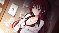 Rule 34 | 1girl, blush, breasts, cleavage, collarbone, crossed arms, dutch angle, game cg, hair between eyes, indoors, jewelry, kagami yuuko, ko~cha, long hair, long sleeves, medium breasts, necklace, parted lips, pointy ears, red eyes, red hair, shirt, solo, upper body, very long hair, white shirt, witch&#039;s garden