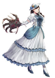 Rule 34 | 1girl, 2channel, blue bow, blue dress, blue footwear, bone, bow, brown hair, claws, commentary request, creature, cross-laced clothes, detached sleeves, dress, frills, full body, gloves, hand on own cheek, hand on own face, hasshaku-sama, hat, high heels, highres, jojobirdz, long dress, long hair, looking at viewer, monster girl, parted lips, shoes, solo, very long hair, white dress, white hat, white legwear, white sleeves