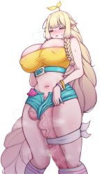 Rule 34 | 1girl, alternate costume, aqua eyes, belt buckle, blonde hair, blunt bangs, blush, bracelet, braid, braided ponytail, breasts, buckle, censored, cleavage, condom, covered erect nipples, dungeon and fighter, elf, erection, feet out of frame, futanari, gyu (kgh9081), half-closed eyes, highres, huge breasts, huge penis, jewelry, kneehighs, knight (dungeon and fighter), korean commentary, long hair, midriff, mosaic censoring, navel, open fly, parted lips, penis, pointy ears, short shorts, shorts, sidelocks, simple background, socks, solo, strapless, sweatdrop, tube top, very long hair, white background