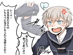 Rule 34 | 1girl, afterimage, blue eyes, commentary request, dress, fang, hat, unworn hat, unworn headwear, kantai collection, motion lines, open mouth, sailor dress, sailor hat, short hair, silver hair, solo, takasugi heppu, tears, translation request, upper body, z1 leberecht maass (kancolle)